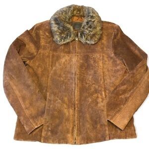 JOHN PAUL‎ RICHARD brown Leather Jacket faux fur lined size 10